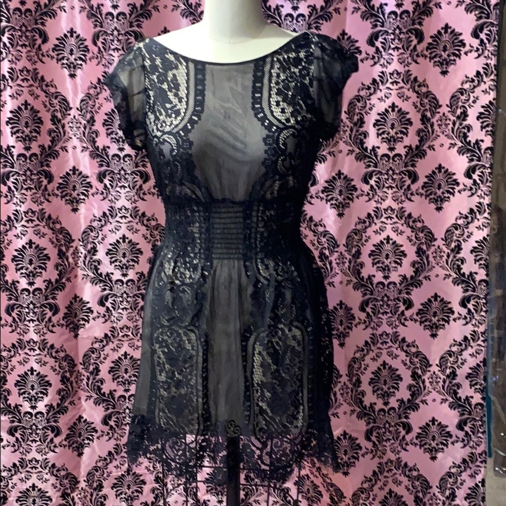 Black & Nude Lace Mini-Dress